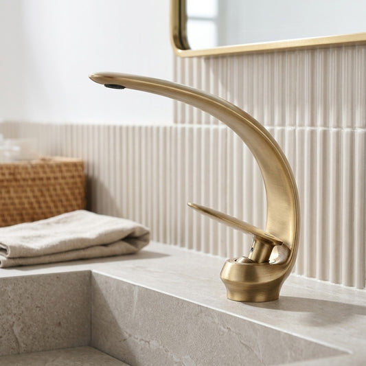 Lagomel single-hole bathroom faucet in brushed gold, matte black, brushed nickel, rose gold, matte white, chrome,, set in a Modern/Contemporary bathroom