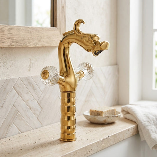 Lagomel single-hole bathroom faucet in polished gold, set in a Traditional/Classic/Vintage/Retro bathroom