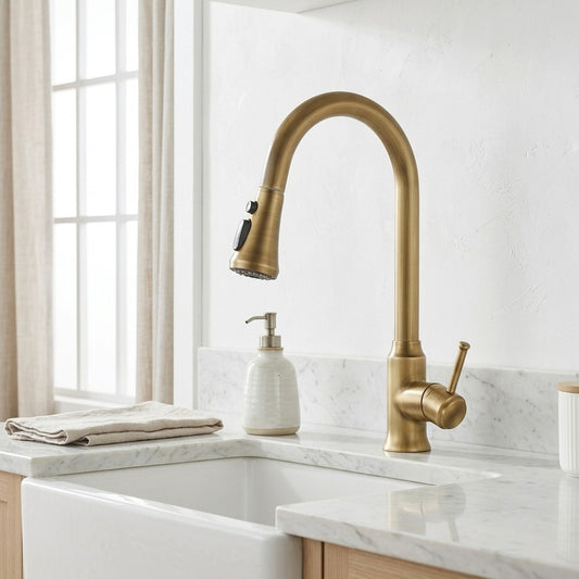 Lagomel single-handle pull-down kitchen faucet in antique brass, set in a Vintage/Retro kitchen