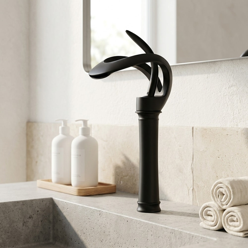 Lagomel waterfall single-hole bathroom faucet in matte black, chrome, polished gold, gunmetal, matte white, set in a Modern/Contemporary bathroom