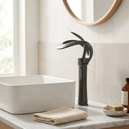 Lagomel waterfall single-hole bathroom faucet, set in a Modern/Minimalist bathroom