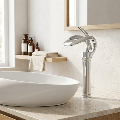 Lagomel waterfall single-hole bathroom faucet, set in a Modern/Minimalist bathroom