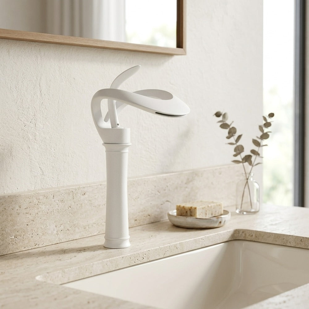 Lagomel waterfall single-hole bathroom faucet, set in a Modern/Minimalist bathroom