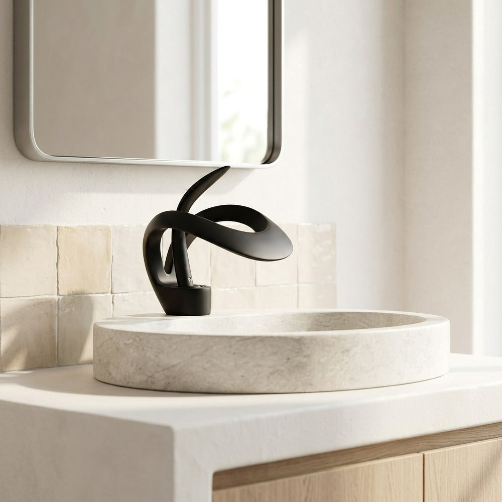 Lagomel waterfall single-hole bathroom faucet, set in a Modern/Minimalist bathroom