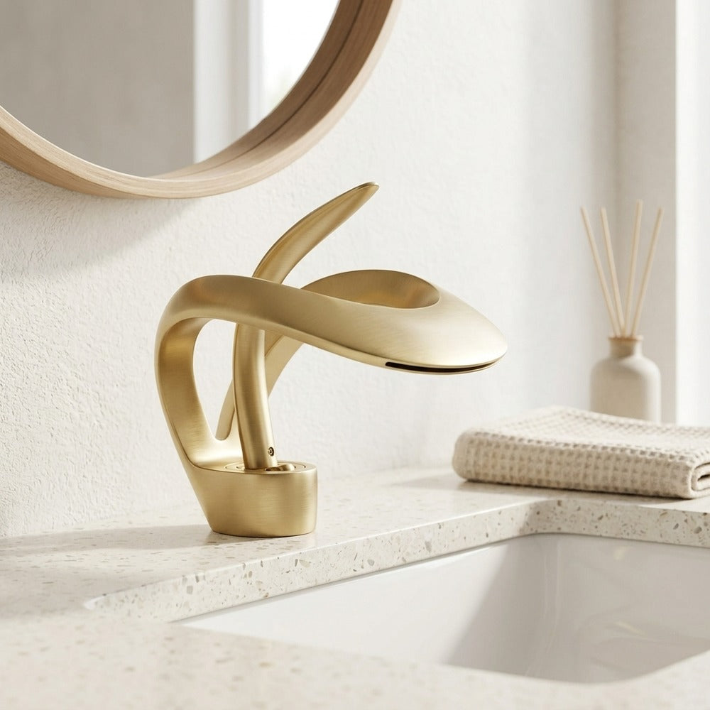 Lagomel waterfall single-hole bathroom faucet, set in a Modern/Minimalist bathroom