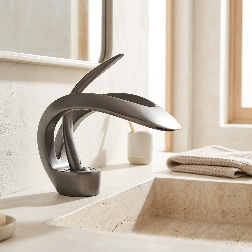 Lagomel waterfall single-hole bathroom faucet, set in a Modern/Minimalist bathroom