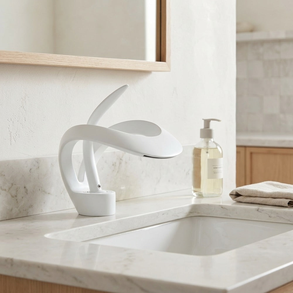 Lagomel waterfall single-hole bathroom faucet, set in a Modern/Minimalist bathroom