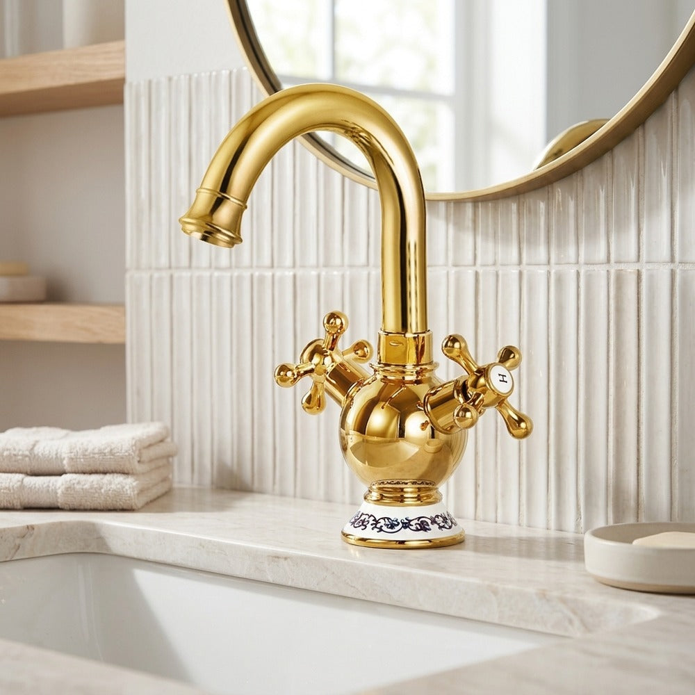 Lagomel single-hole bathroom faucet in polished gold, antique brass, set in a Vintage/Retro/Traditional/Classic bathroom