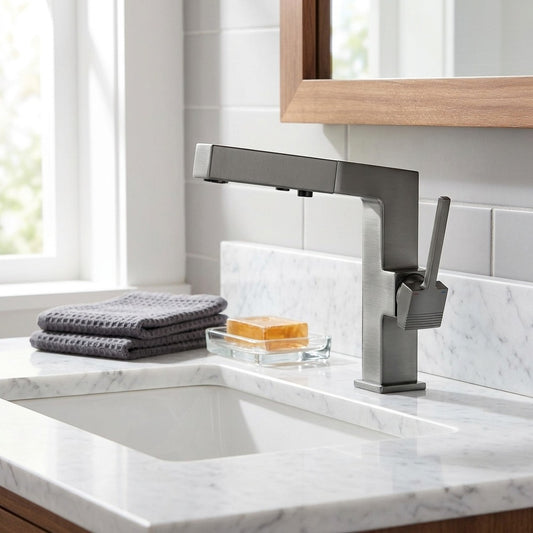 Lagomel pull-out single-hole bathroom faucet in chrome, matte black, matte white, gunmetal, set in a Modern/Contemporary bathroom