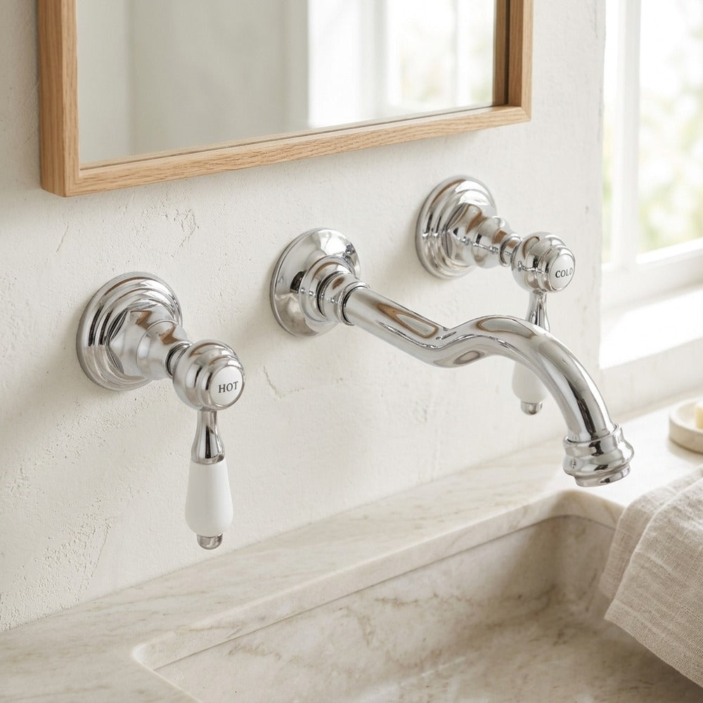 Lagomel widespread wall-mount bathroom faucet in polished gold, chrome, set in a Traditional/Classic/Vintage/Retro bathroom
