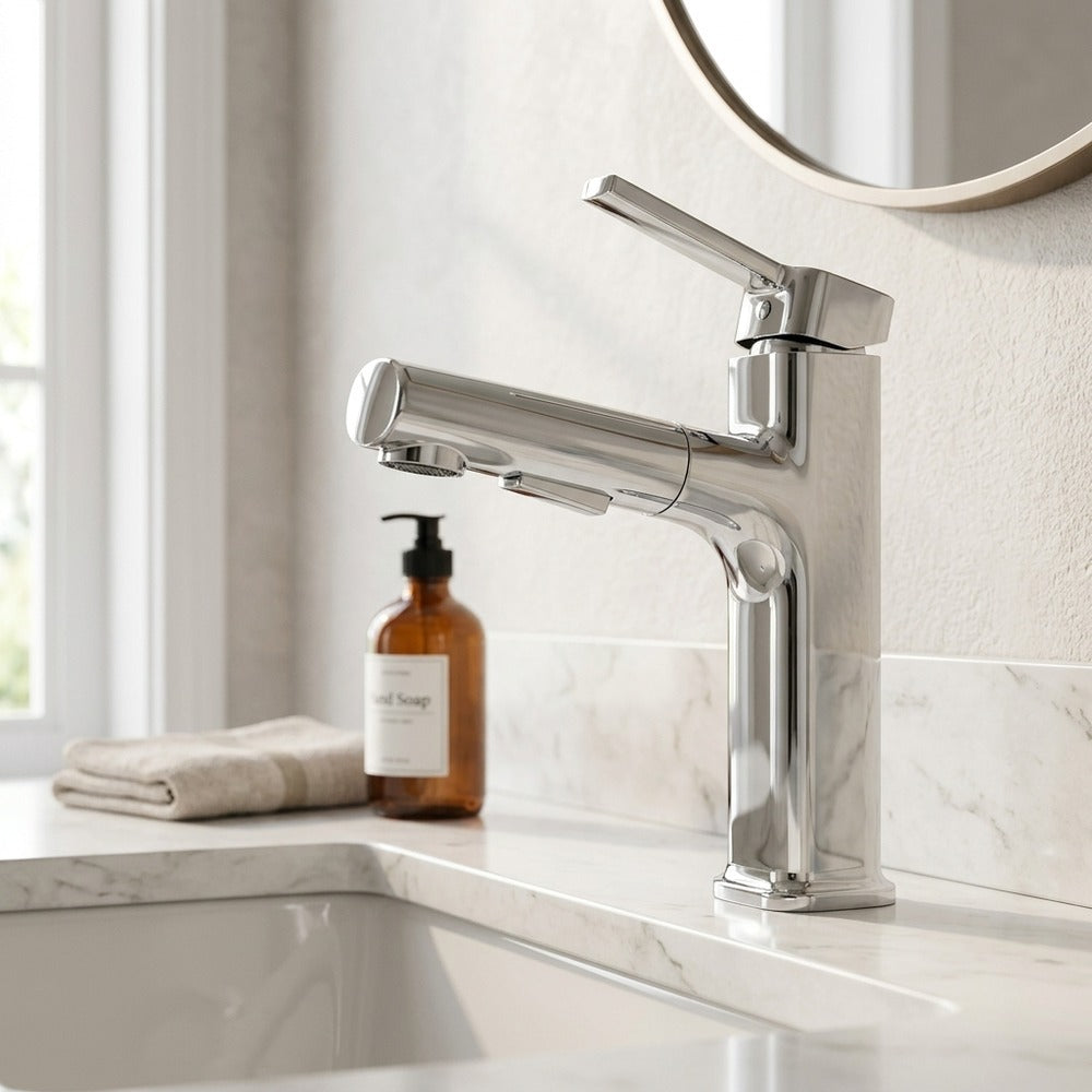 Lagomel pull-out single-hole bathroom faucet in chrome, matte black, brushed gold, gunmetal, set in a Modern/Contemporary/Minimalist bathroom