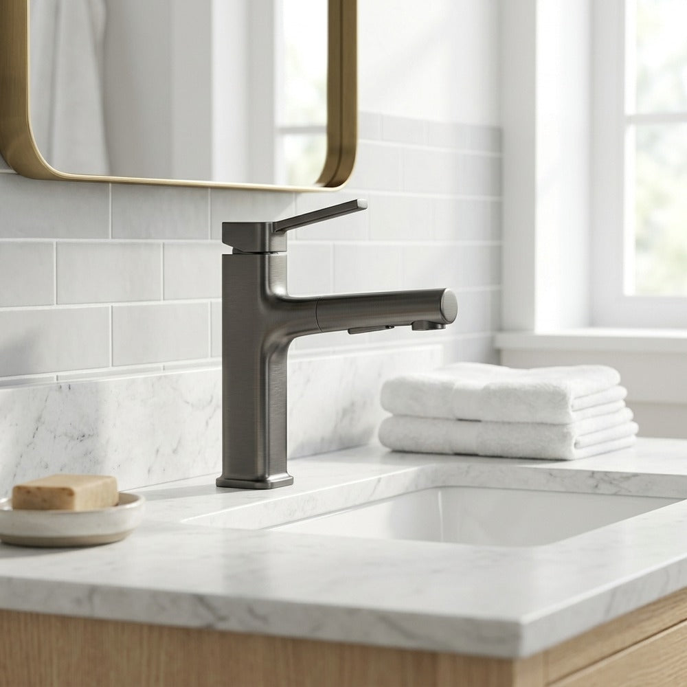 Lagomel pull-out single-hole bathroom faucet, set in a Traditional/Classic/Vintage/Retro bathroom
