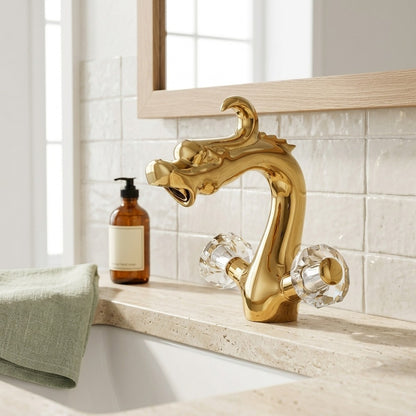 Lagomel single-hole bathroom faucet in polished gold, set in a Traditional/Classic/Vintage/Retro bathroom