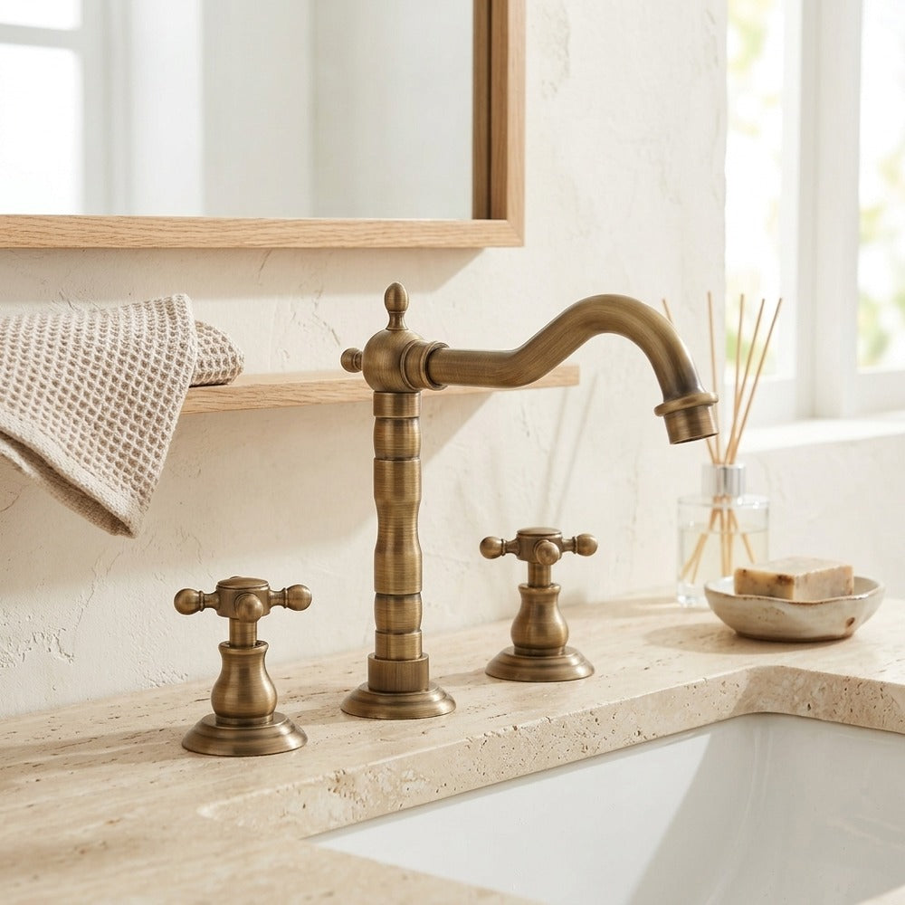 Lagomel two-handle widespread bathroom faucet in antique brass, matte black, set in a Vintage/Retro/Traditional/Classic bathroom