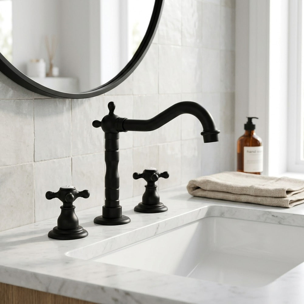 Lagomel two-handle widespread bathroom faucet, set in a Vintage/Retro/Traditional/Classic bathroom