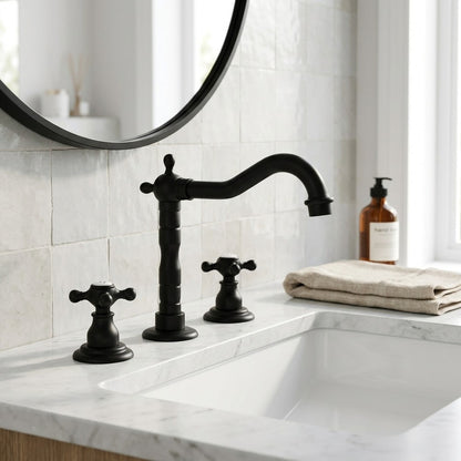 Lagomel two-handle widespread bathroom faucet, set in a Vintage/Retro/Traditional/Classic bathroom