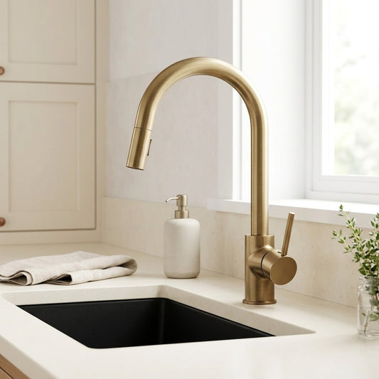 Lagomel single-handle kitchen faucet in antique brass, set in a Modern/Contemporary kitchen