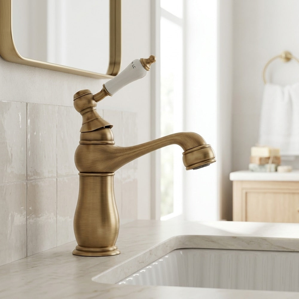Lagomel single-hole bathroom faucet in antique brass, chrome, rose gold, polished gold, set in a Traditional/Classic/Vintage/Retro bathroom