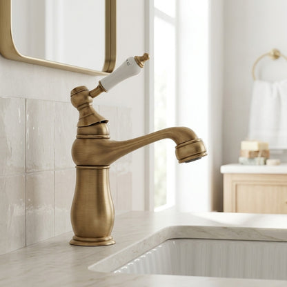 Lagomel single-hole bathroom faucet in antique brass, chrome, rose gold, polished gold, set in a Traditional/Classic/Vintage/Retro bathroom
