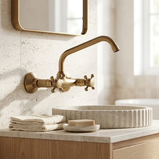 Lagomel wall-mount bathroom faucet in antique brass, set in a Traditional/Classic/Vintage/Retro bathroom