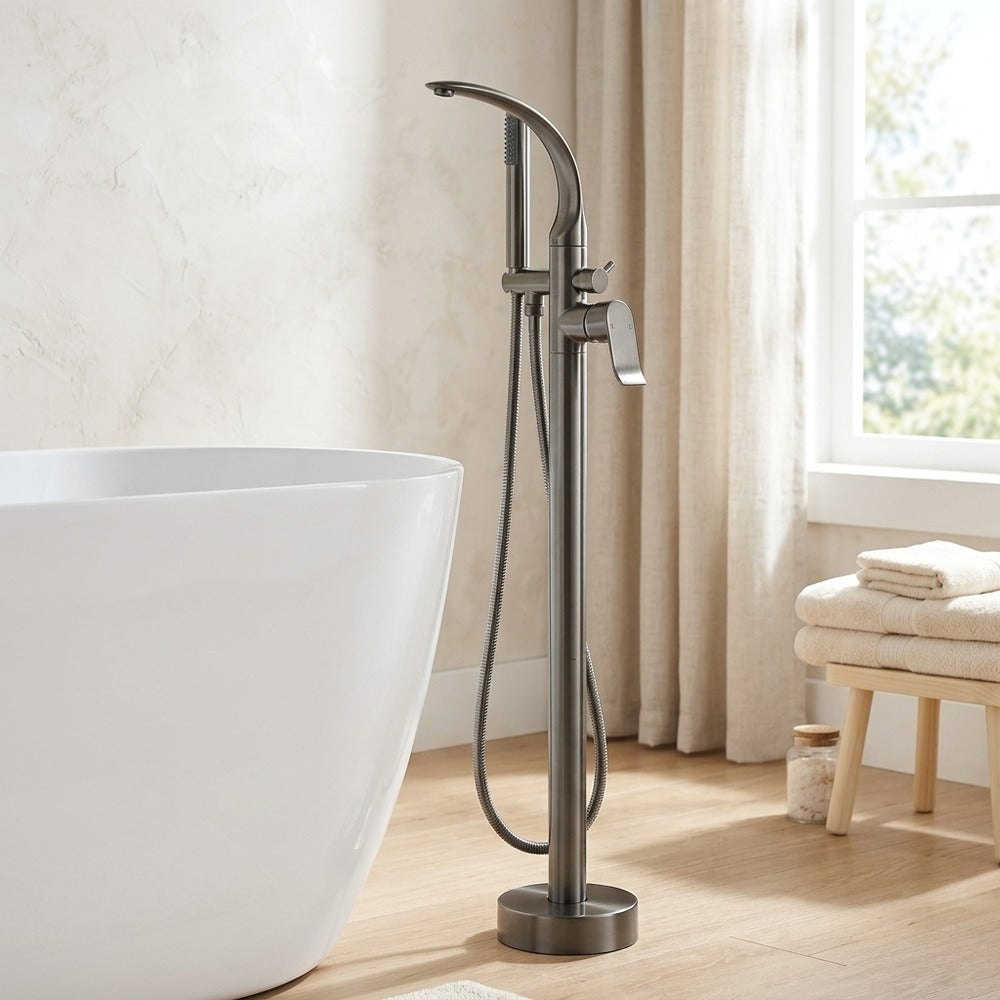Lagomel single-handle freestanding tub filler in gunmetal, brushed gold, matte black, pvd, set in a Modern/Contemporary bathroom