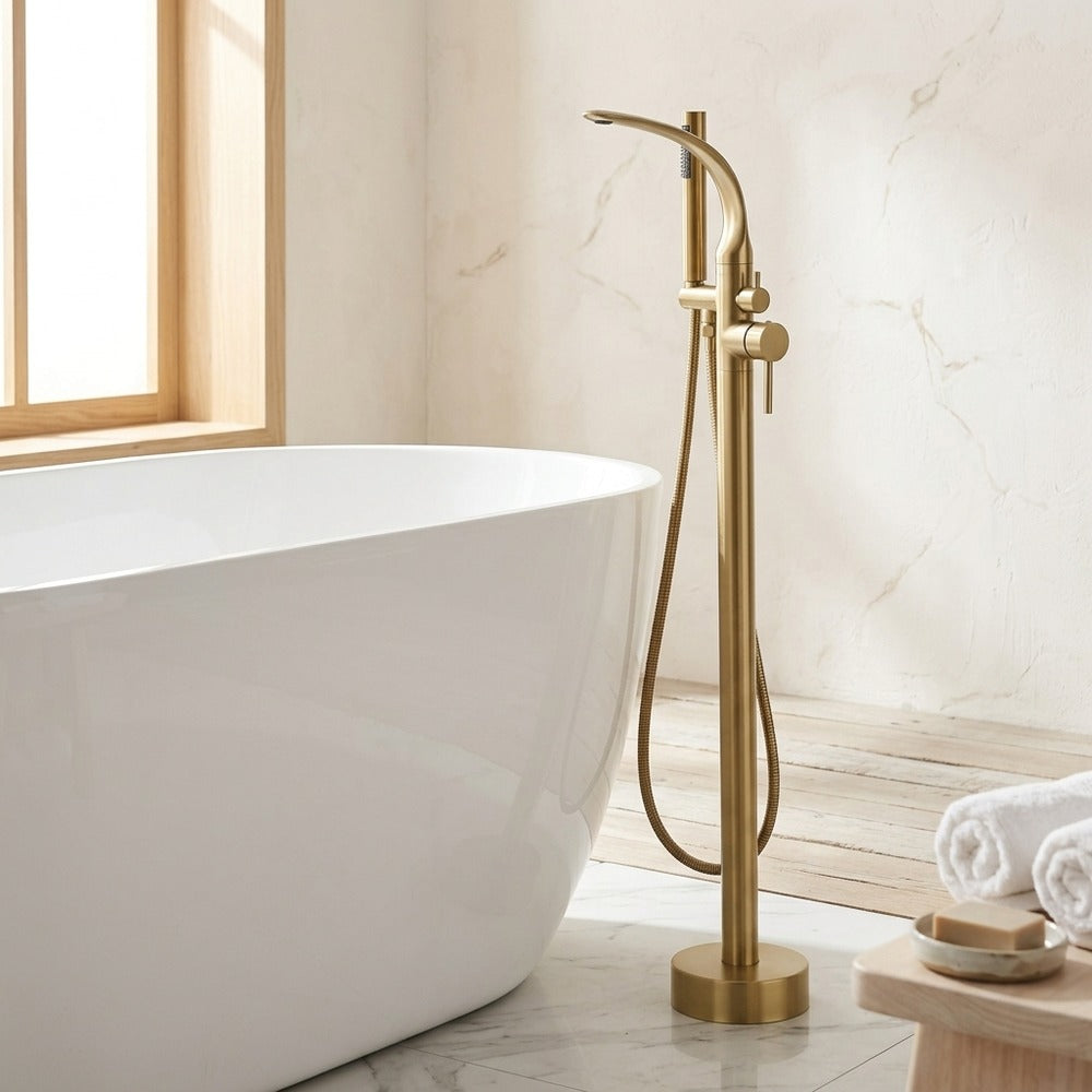 Lagomel single-handle freestanding tub filler, set in a Modern/Contemporary bathroom