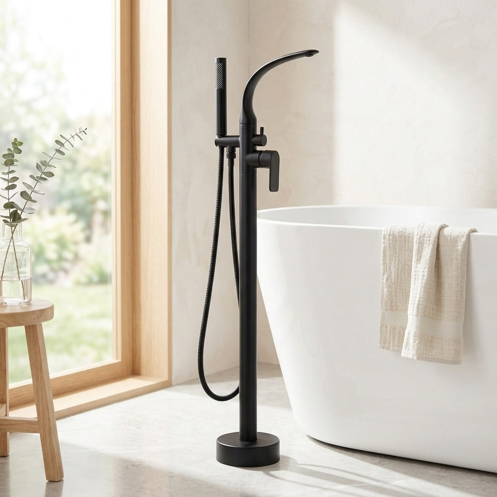 Lagomel single-handle freestanding tub filler, set in a Modern/Contemporary bathroom
