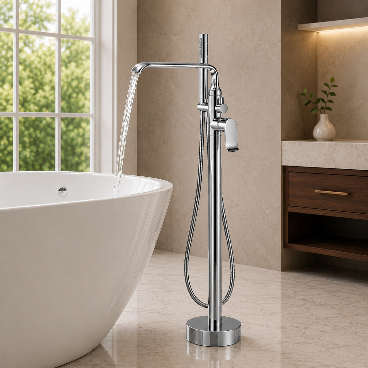 Modern Freestanding Floor-Mount Tub Filler Faucet, Single-Handle Swivel Spout Faucet with Handheld Shower