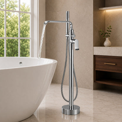 Modern Freestanding Floor-Mount Tub Filler Faucet, Single-Handle Swivel Spout Faucet with Handheld Shower