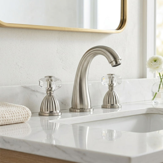 Lagomel double-handle widespread bathroom faucet in polished gold, brushed nickel, chrome, matte black, antique brass, rose, set in a Traditional/Classic/Contemporary/Art Deco bathroom