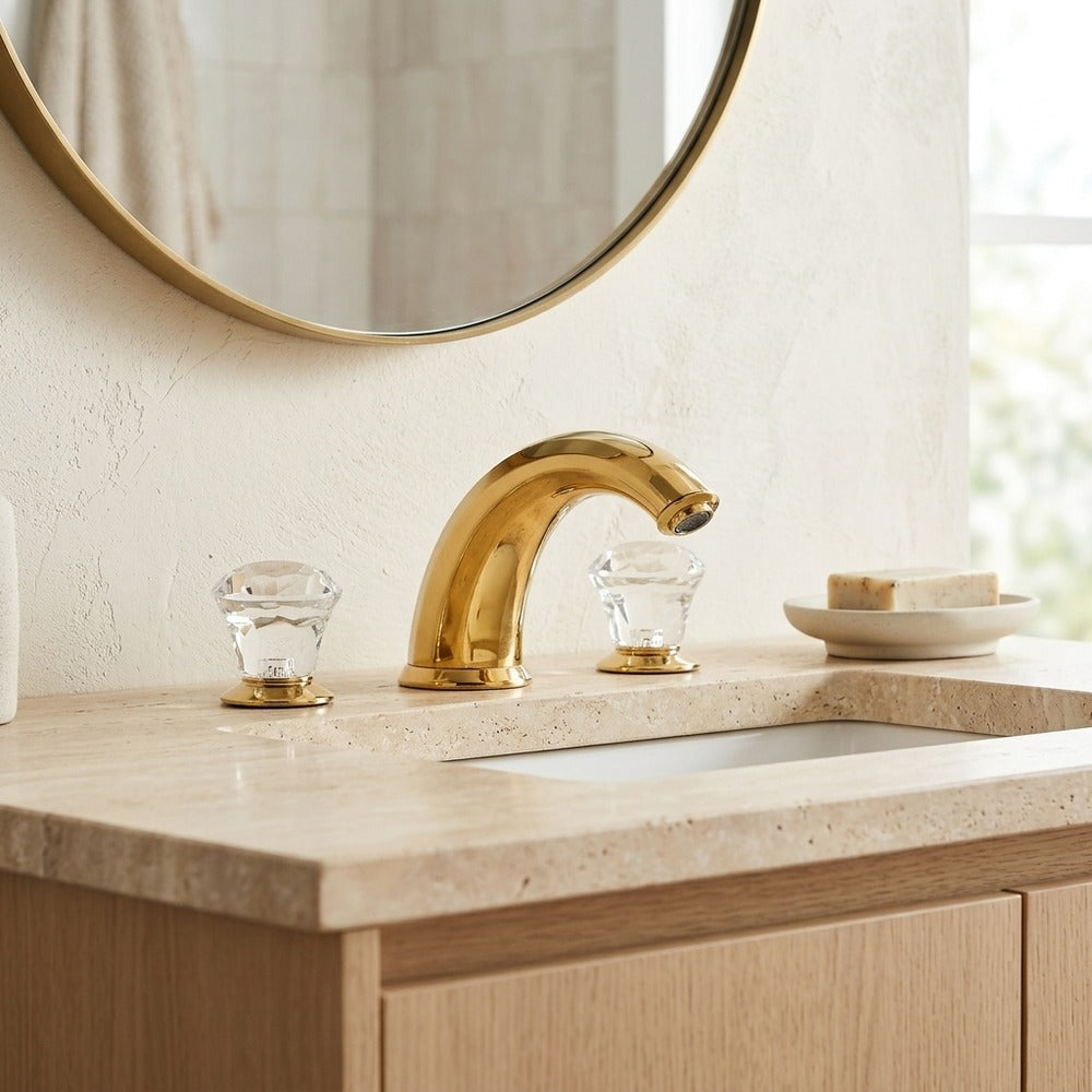 Lagomel widespread bathroom faucet in polished gold, set in a Modern/Contemporary bathroom