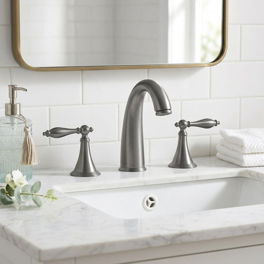 Lagomel double-handle widespread bathroom faucet in antique brass, brushed nickel, brushed gold, set in a Traditional/Classic/Vintage/Retro bathroom