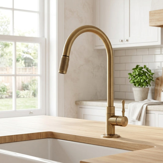 Lagomel single-handle kitchen faucet in antique brass, brushed nickel, oil-rubbed bronze, set in a Modern/Traditional/Classic kitchen