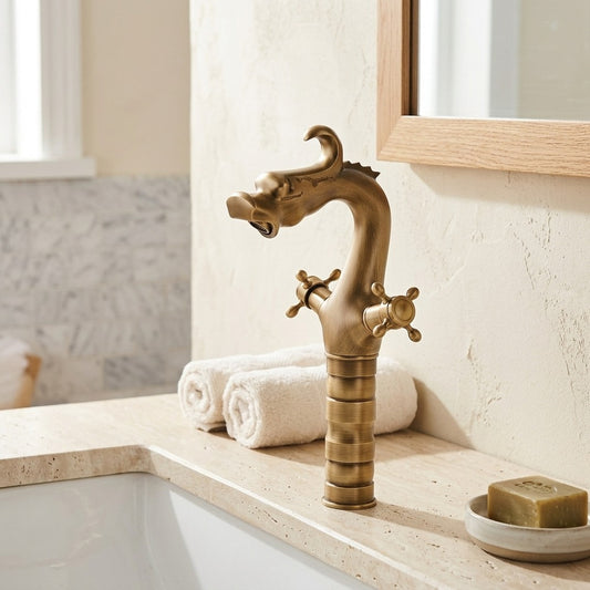 Lagomel single-hole bathroom faucet in antique brass, chrome, polished gold, two-tone / mixed finish, set in a Traditional/Classic bathroom