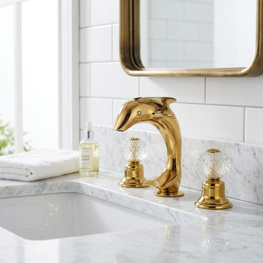 Lagomel widespread bathroom faucet in polished gold, set in a Modern/Contemporary bathroom