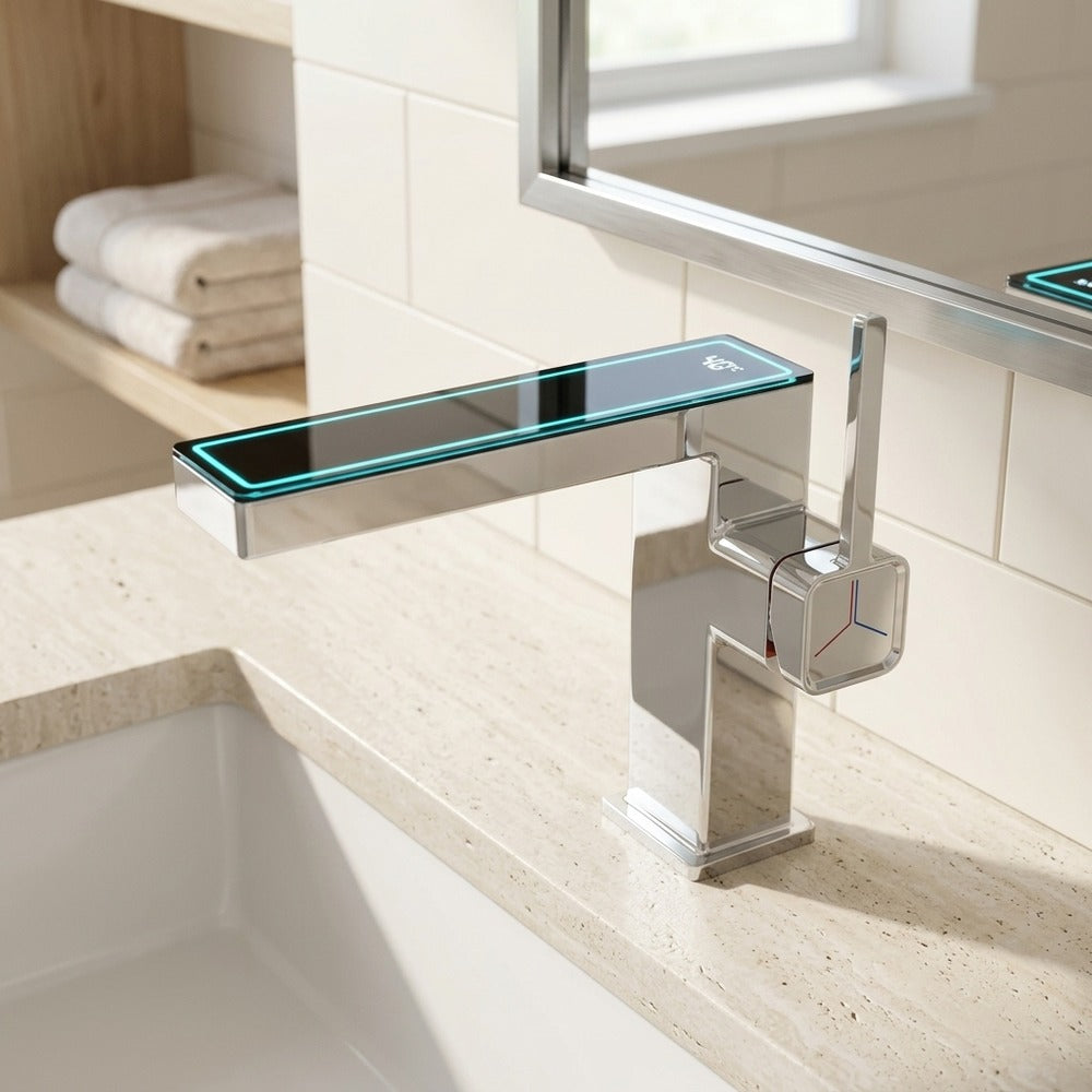Lagomel waterfall single-hole bathroom faucet in chrome, brushed gold, matte white, matte black, painted / powder, set in a Modern/Contemporary bathroom