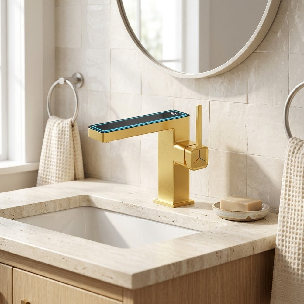 Lagomel waterfall single-hole bathroom faucet, set in a Modern/Minimalist bathroom
