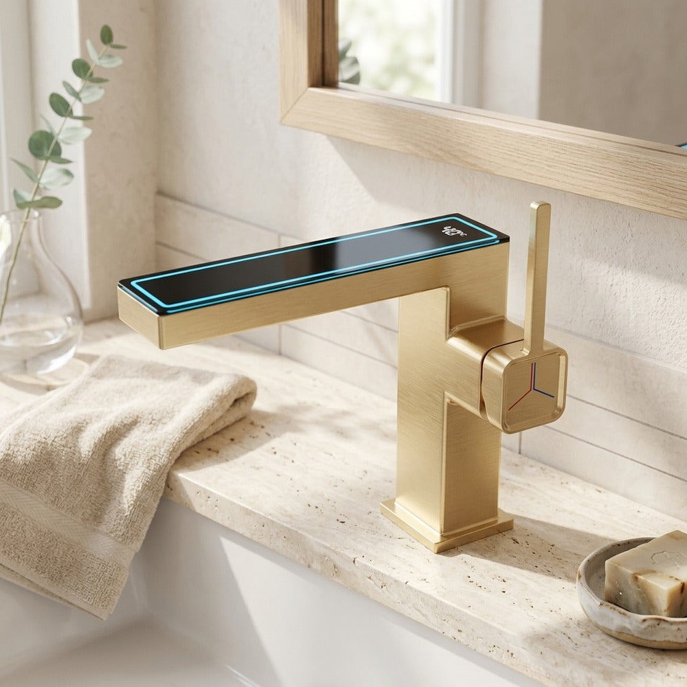 Lagomel waterfall single-hole bathroom faucet, set in a Modern/Minimalist bathroom