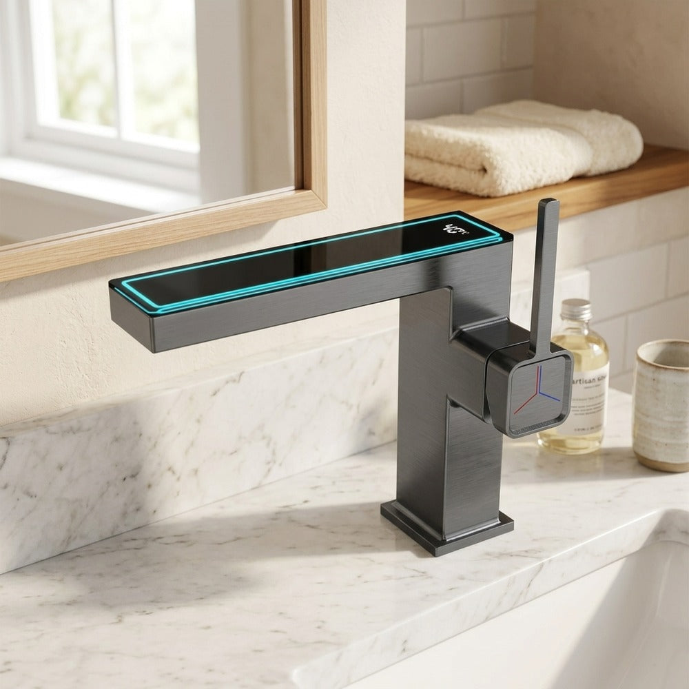 Lagomel waterfall single-hole bathroom faucet, set in a Modern/Minimalist bathroom