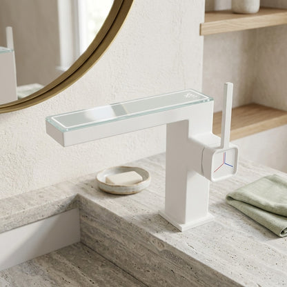 Lagomel waterfall single-hole bathroom faucet, set in a Modern/Minimalist bathroom