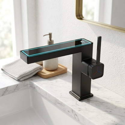 Lagomel waterfall single-hole bathroom faucet, set in a Modern/Minimalist bathroom