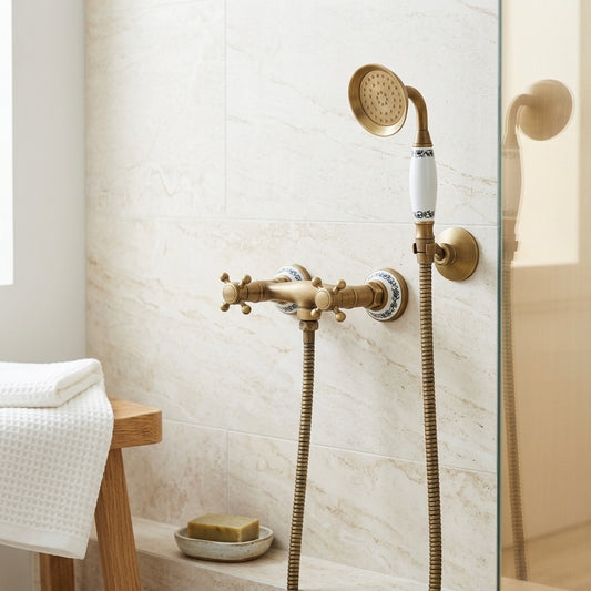 Lagomel wall-mounted shower faucet in antique brass, oil-rubbed bronze, brushed nickel, set in a Vintage/Retro bathroom