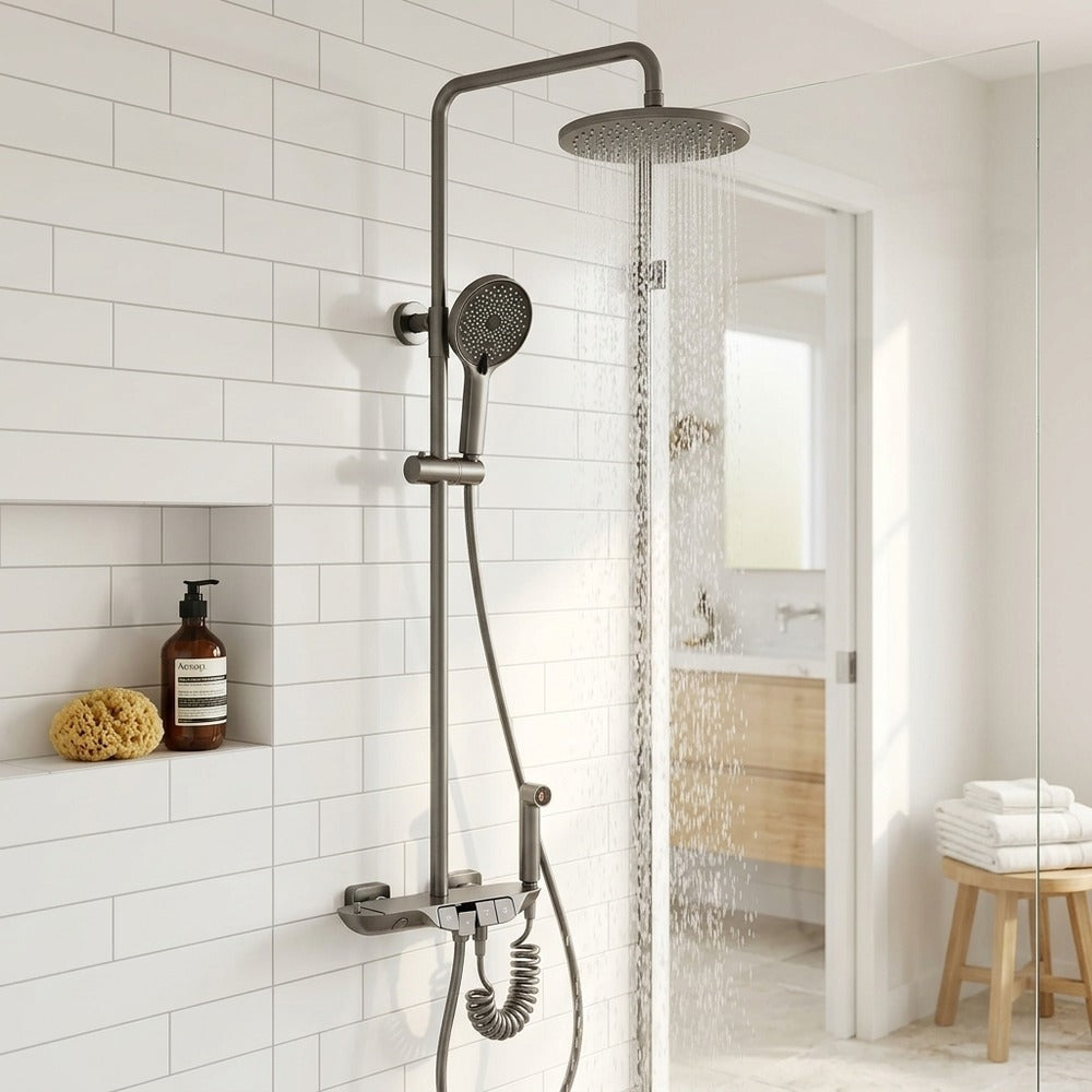 Lagomel wall-mounted complete shower system in chrome, gunmetal, set in a Contemporary/Modern bathroom