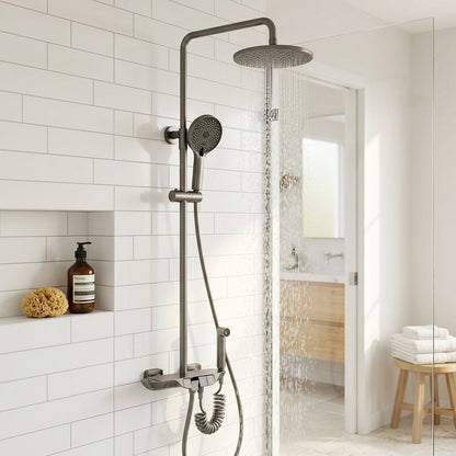 Lagomel wall-mounted complete shower system in chrome, gunmetal, set in a Contemporary/Modern bathroom