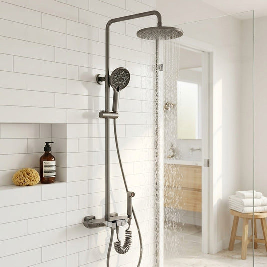 Lagomel wall-mounted complete shower system in chrome, gunmetal, set in a Contemporary/Modern bathroom