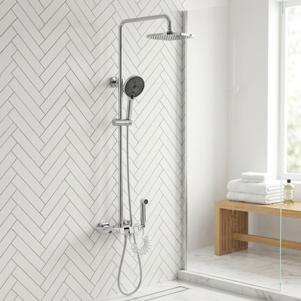 Lagomel wall-mounted complete shower system, set in a Contemporary/Modern bathroom