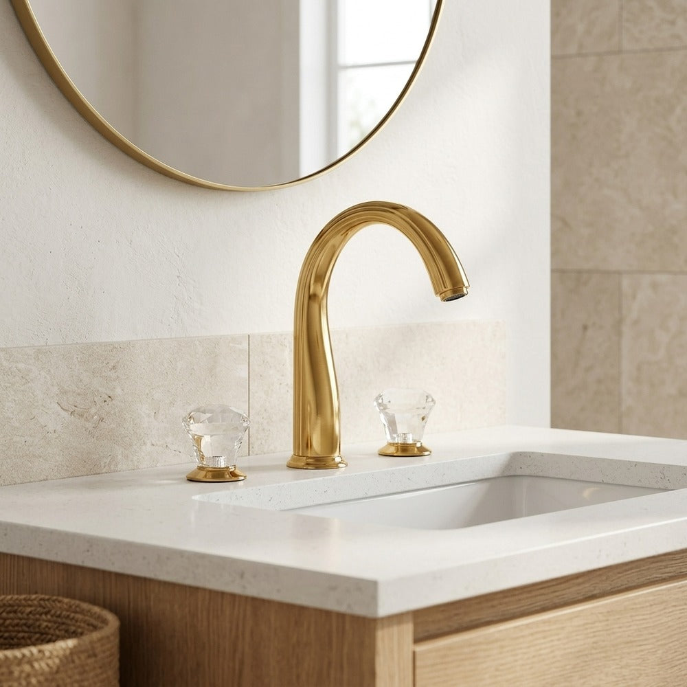 Lagomel widespread bathroom faucet in polished gold, set in a Modern/Contemporary bathroom