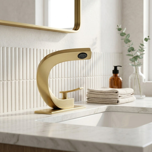 Lagomel single-hole bathroom faucet in brushed gold, chrome, brushed nickel, rose gold, matte black, two-tone /, set in a Modern/Contemporary bathroom