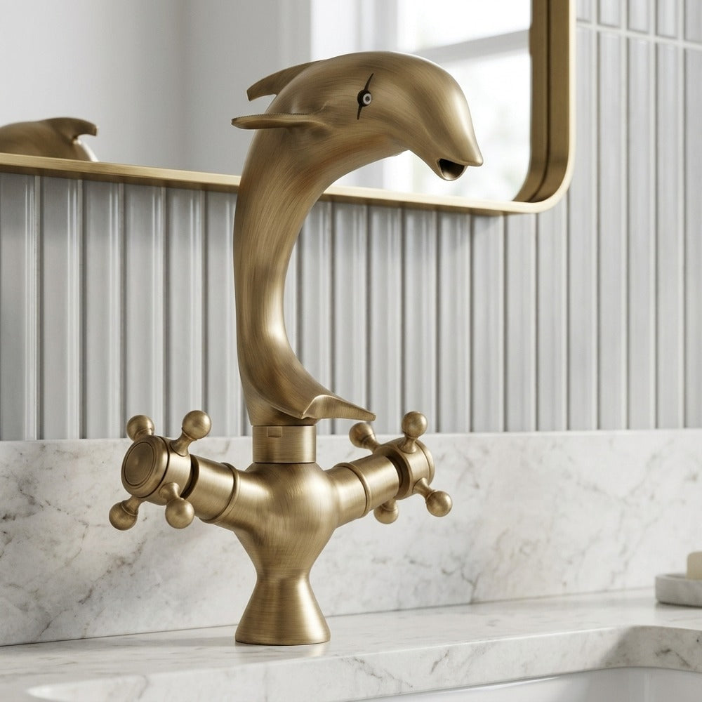 Lagomel waterfall double-handle single-hole bathroom faucet in antique brass, set in a Traditional/Classic/Vintage/Retro bathroom