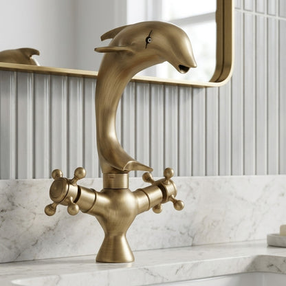 Lagomel waterfall double-handle single-hole bathroom faucet in antique brass, set in a Traditional/Classic/Vintage/Retro bathroom